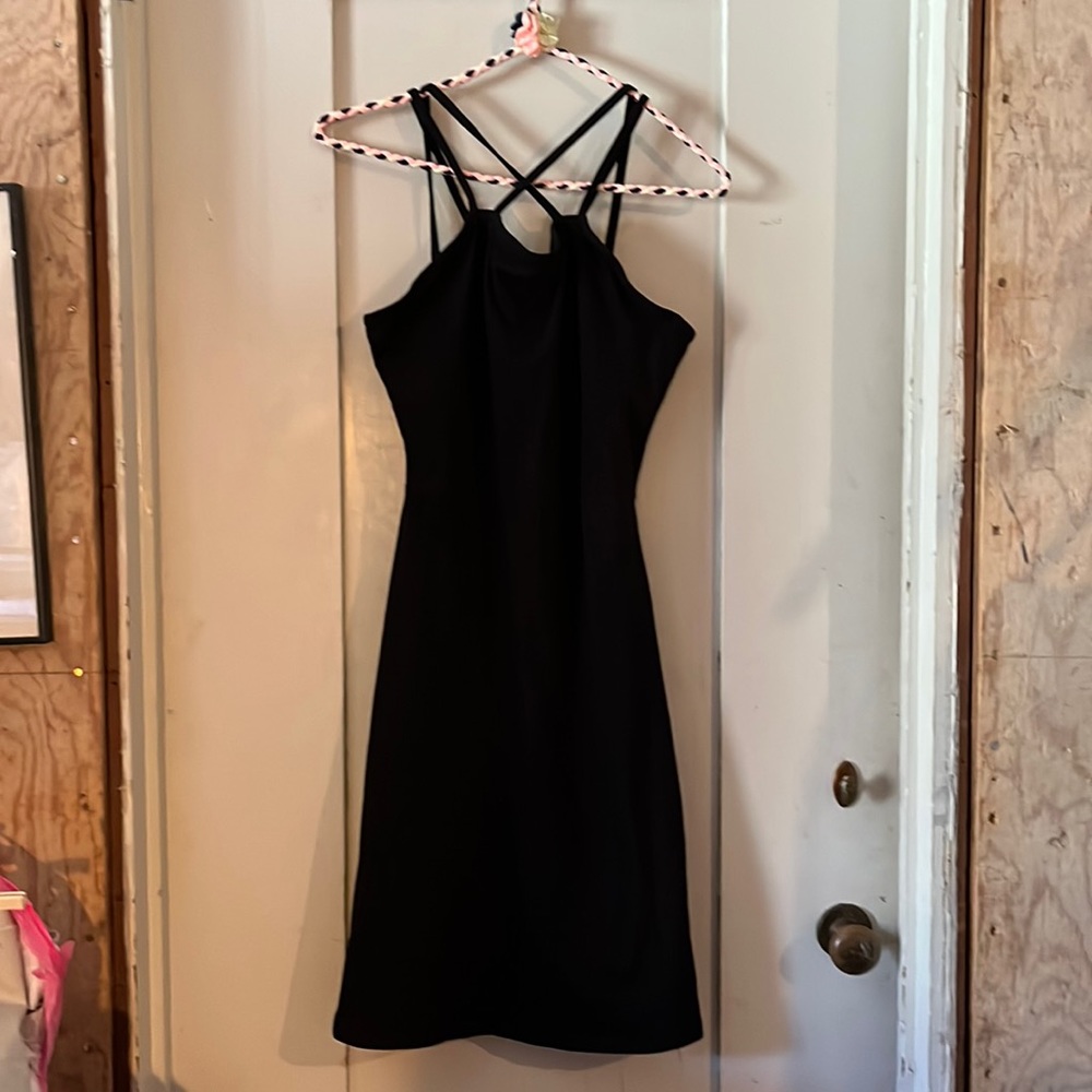 Pact black strappy dress with built in shelf bra M